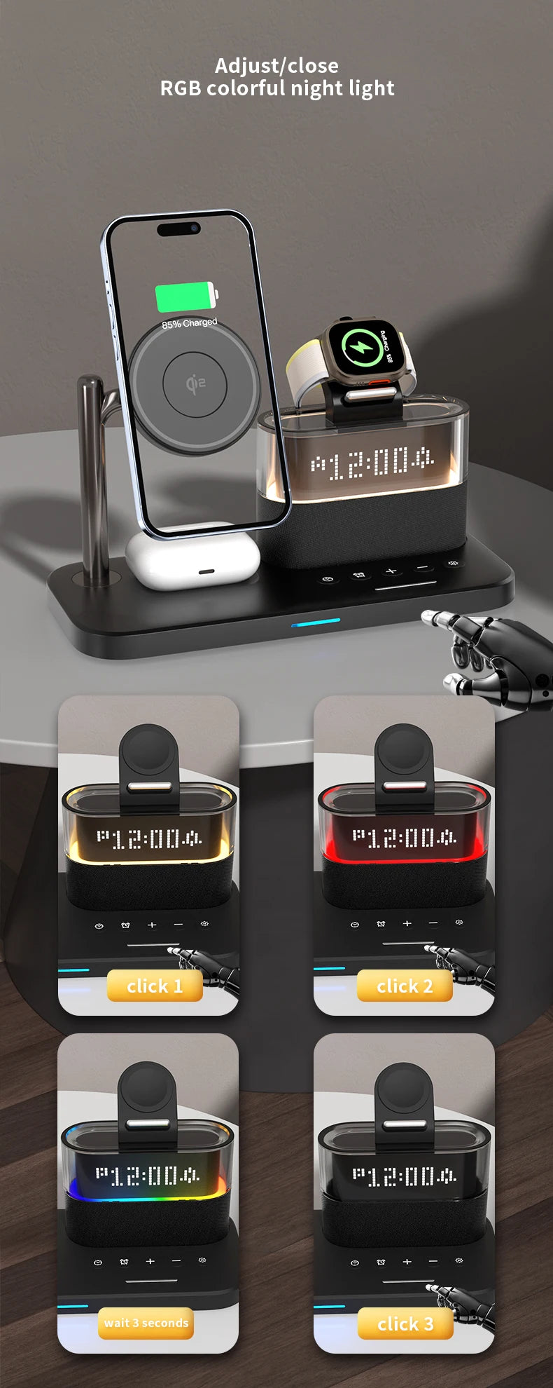 Qi2 Wireless Charger with Alarm Clock & RGB Light - Tidesmit Tidesmit