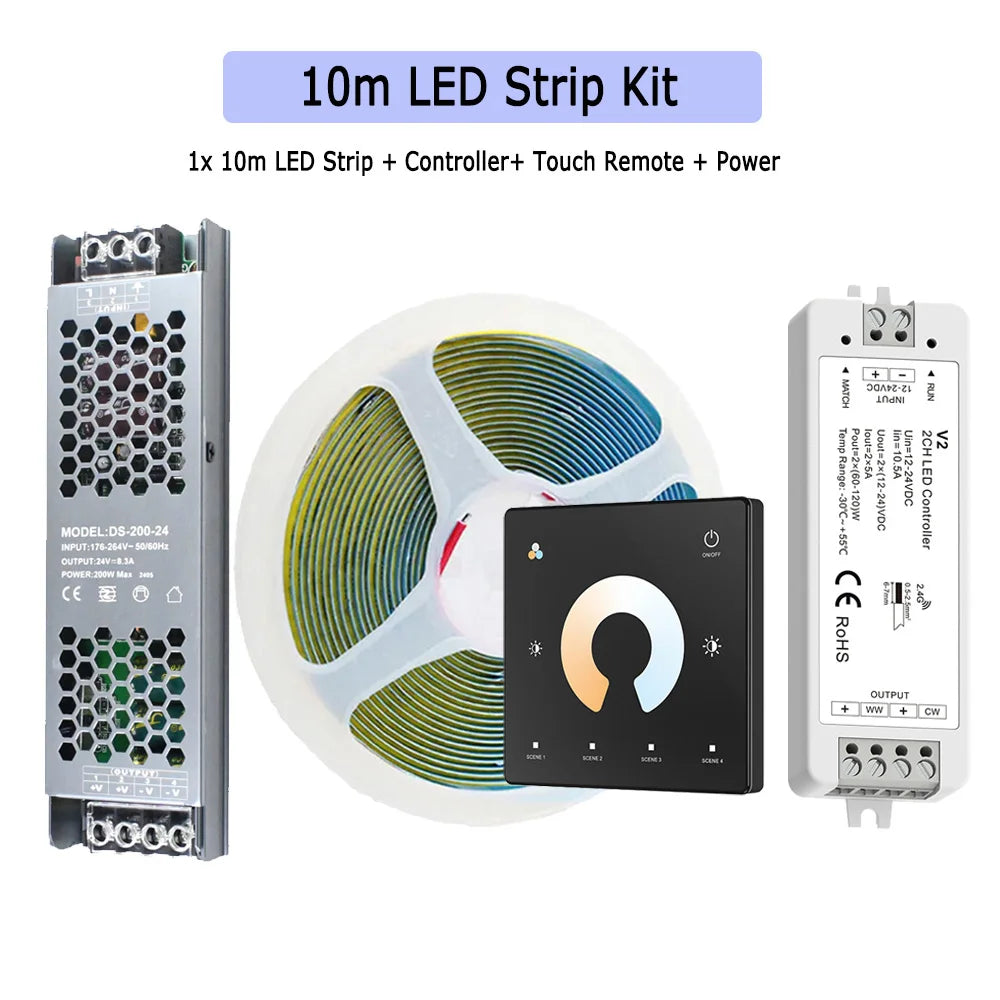 5M 10M 20M COB CCT LED Strip 24V Flexible High Density Dimmable Room Light 2.4G RF Touch Remote Control Dual White 2700K-6500K