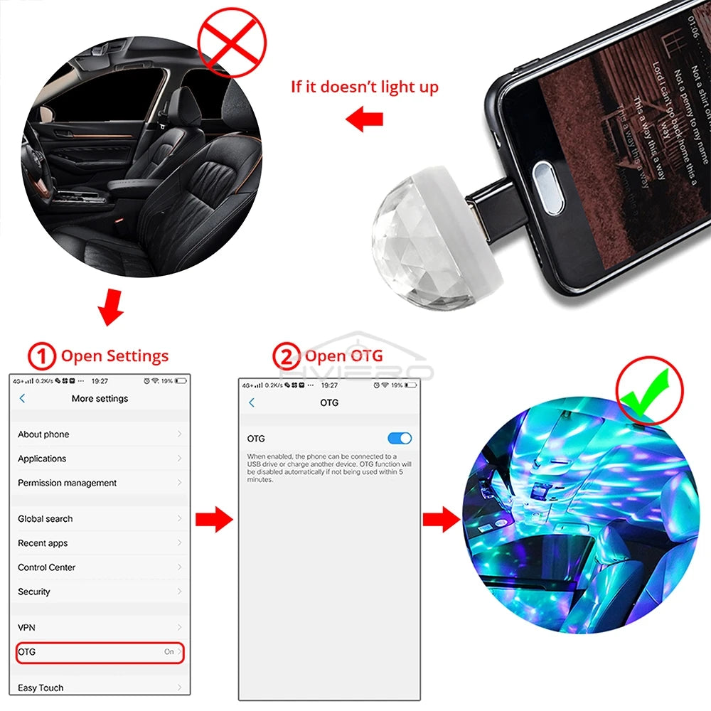 Crystal car atmosphere light plugged into a phone, showing instructions to enable OTG settings for projector lights.