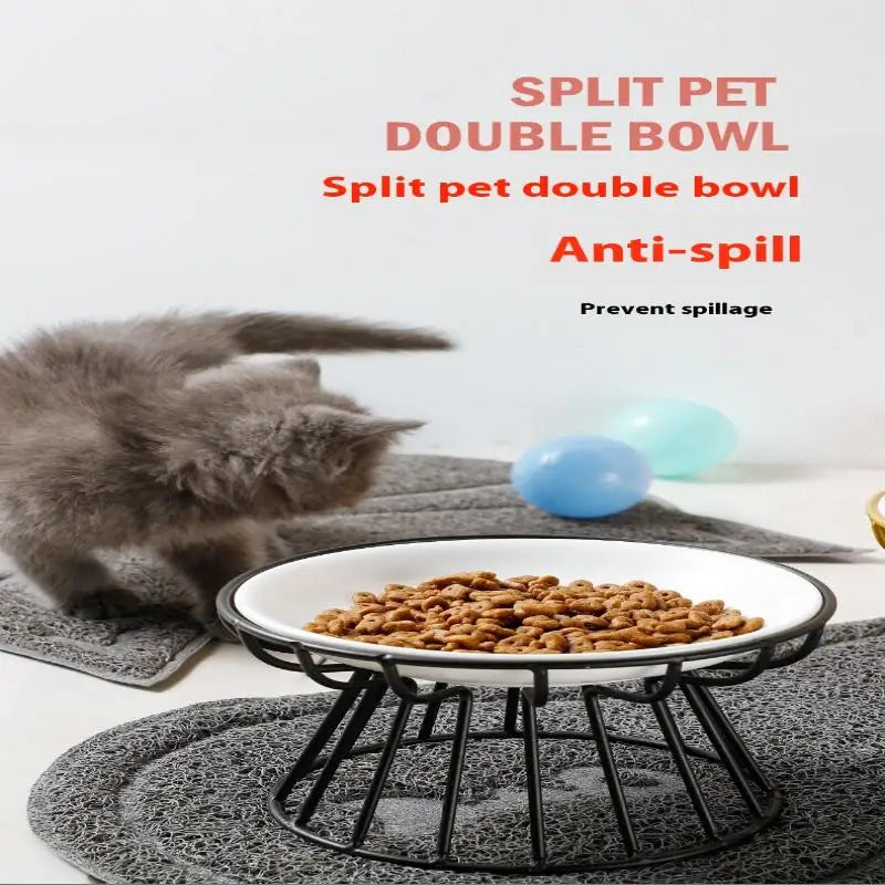 Raised ceramic cat food bowl with anti-spill metal stand for easy, mess-free feeding for cats and small dogs.