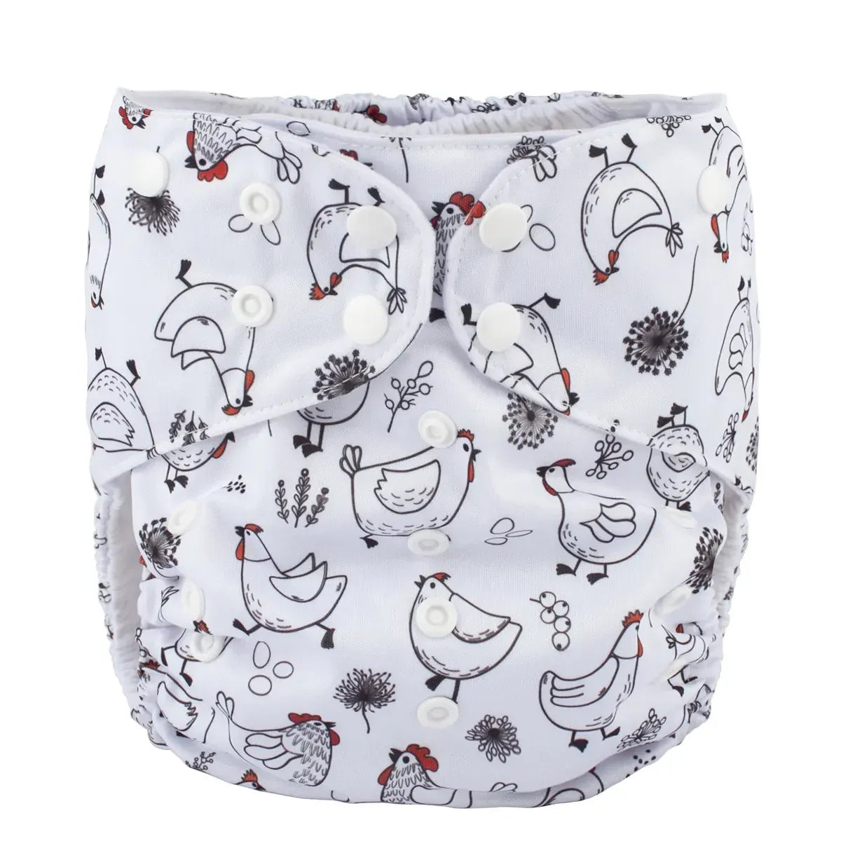 Reusable baby cloth diaper with white background and cute chicken print, featuring adjustable snap buttons.