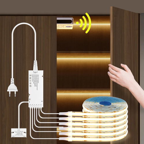 12V COB LED strip light with double-door sensor switch, warm glowing cabinet strip