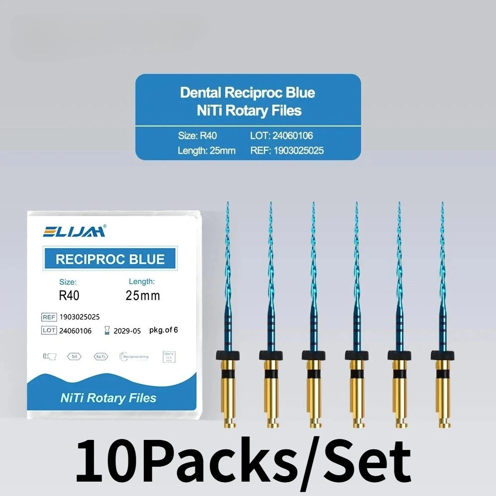 SYJH 10-pack blue NiTi dental endodontic reciprocating rotary files, 25mm length, R40 size for root canal treatment.