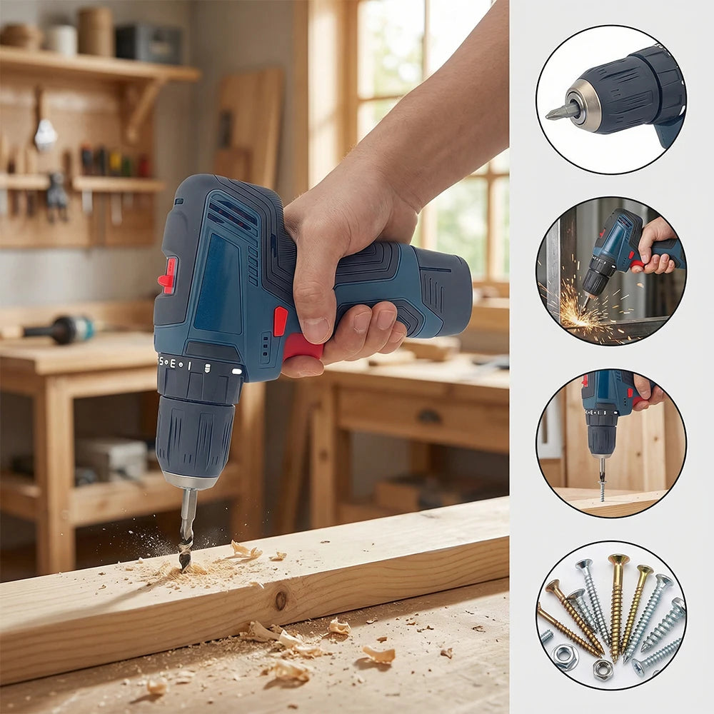 Podofo 12V Cordless Professional Electric Drill Cordless Driver Heavy Duty Multifunctional For Wood Metal Plastic Drilling Household Diy Tools Maintenance Assembly Ergonomic Design