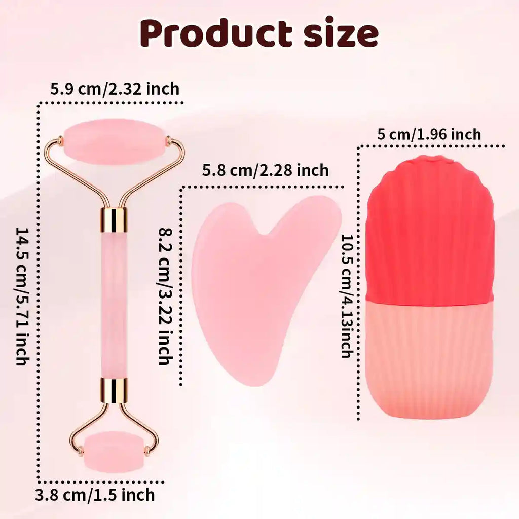 Three-piece pink facial massage set: a dual-ended roller, heart-shaped gua sha tool, and a two-tone silicone ice mold.