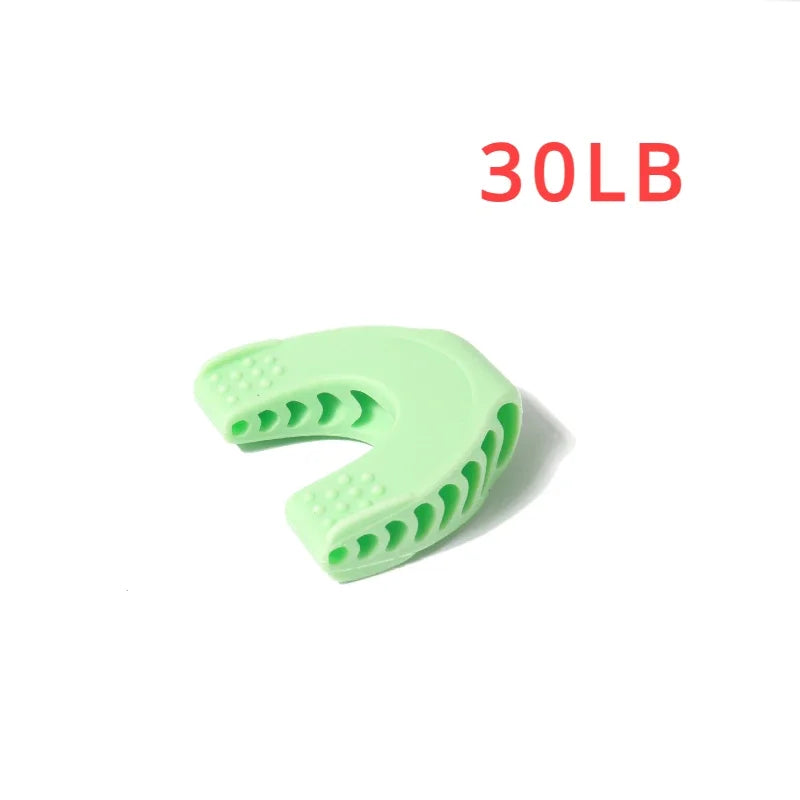 Light green, horseshoe-shaped silicone jaw exerciser with textured bite pads, labeled 30LB, on a white background.