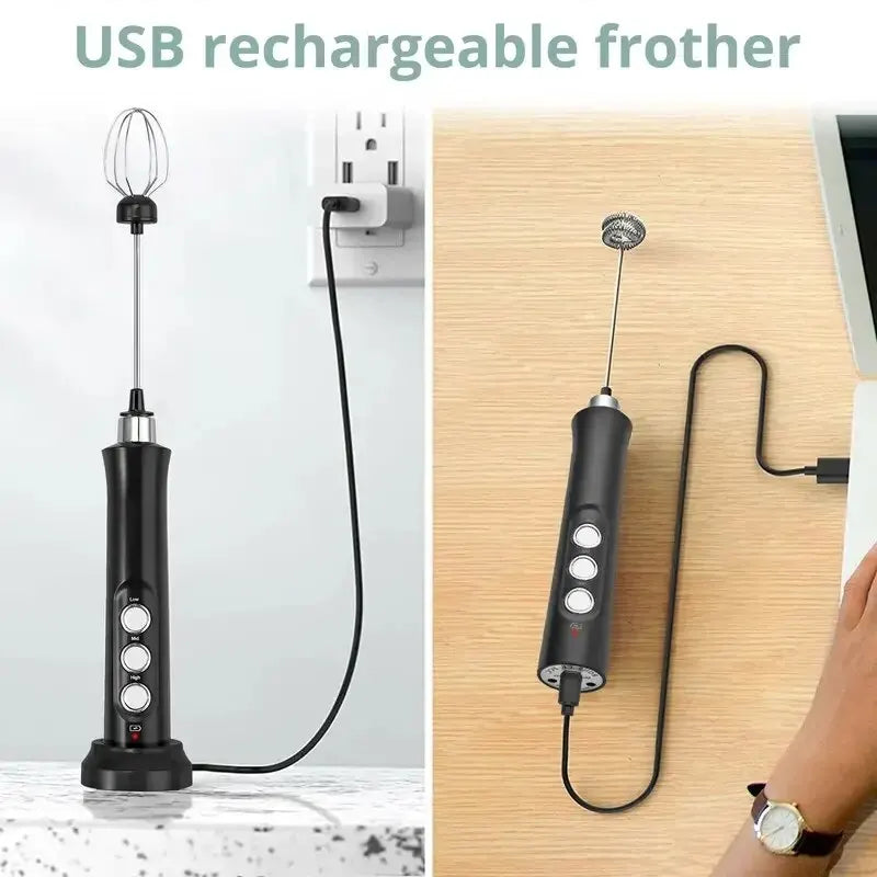 Black handheld USB rechargeable milk frother with three speed settings, metal whisk, and charging stand.