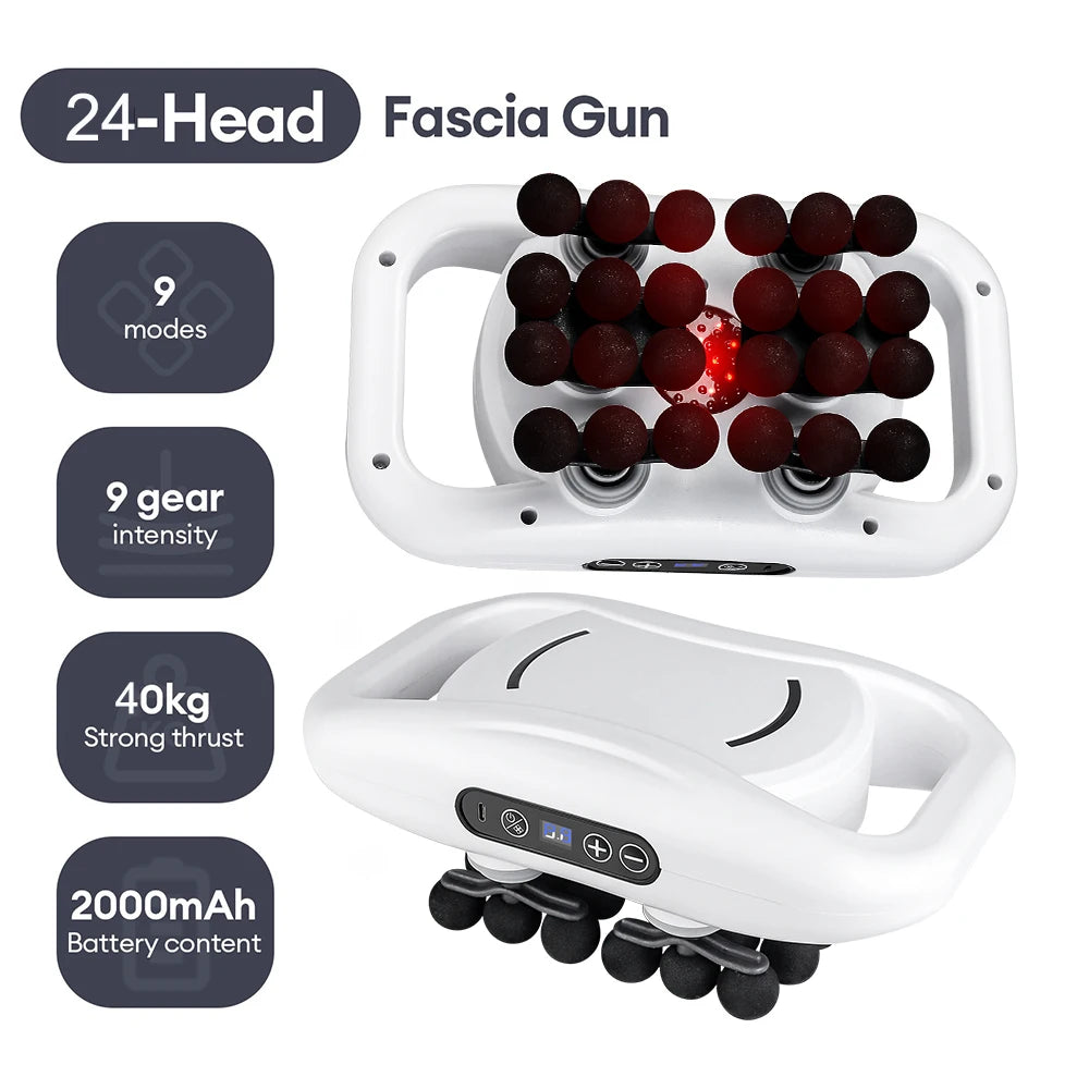 White 24-head fascia massage gun with dark red massage nodes, a digital control panel, and ergonomic handle for