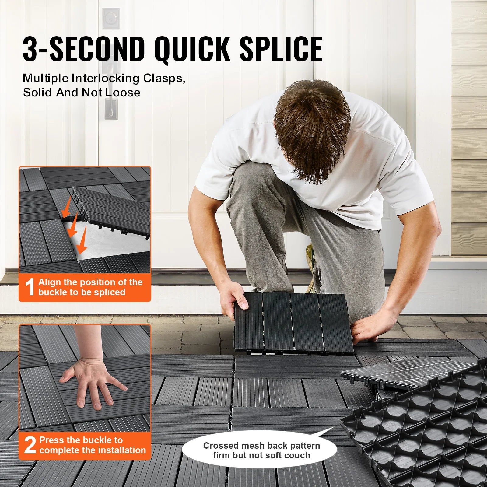 SucceBuy  Interlocking Deck Tiles Plastic Waterproof Outdoor Flooring All Weather Use Patio Floor for Porch Poolside Dark Grey