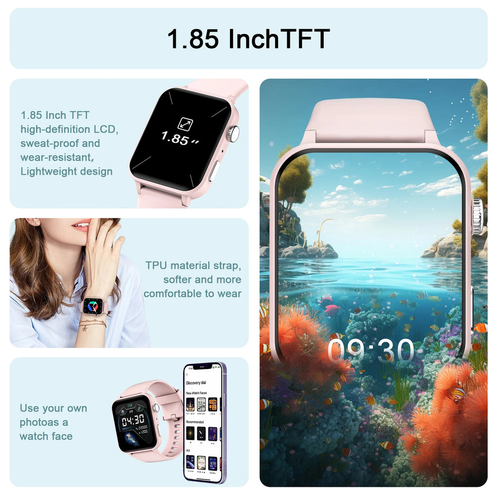 1.85‘’ HD Screen Smartwatch Health Monitoring 100+ Sport Modes Fitness Tracking Bluetooth Smart Watches for Men Women Gifts