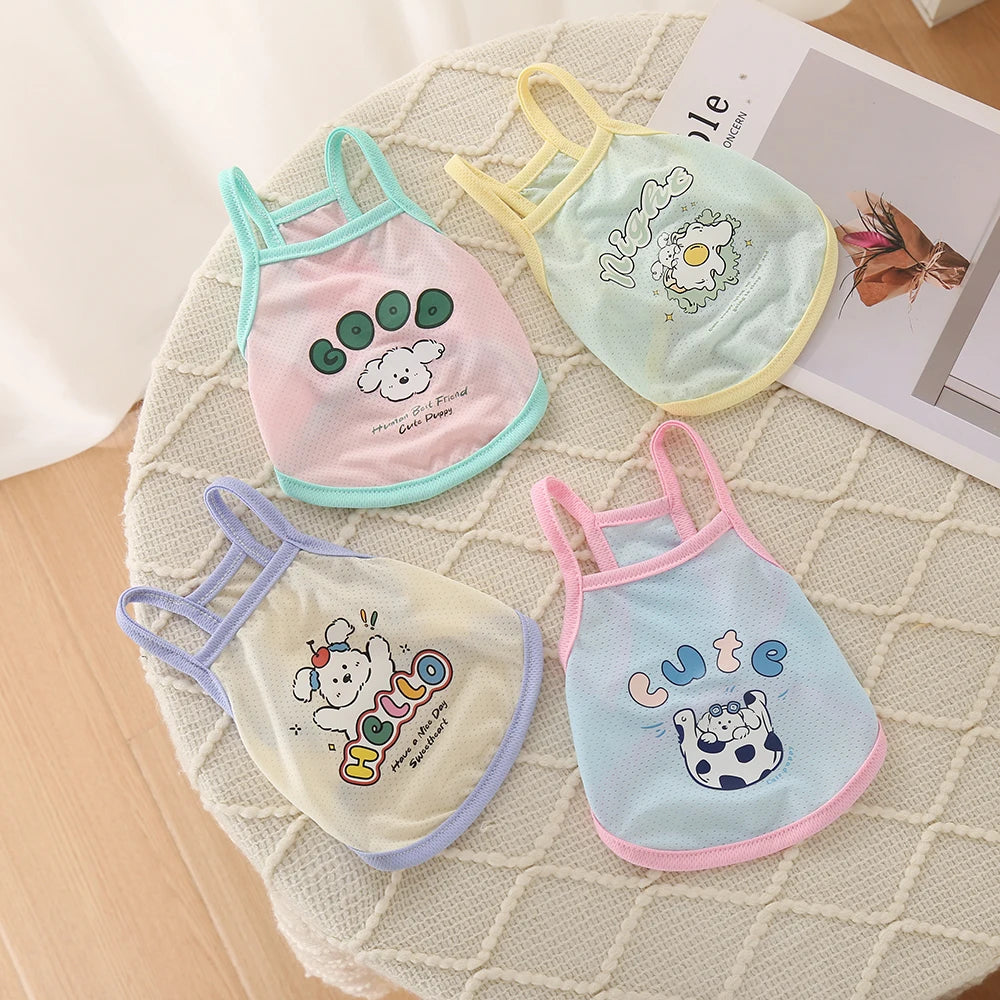 Breathable ice silk pet suspender shirts for cats and dogs in colorful summer prints for a cooling, comfortable fit.