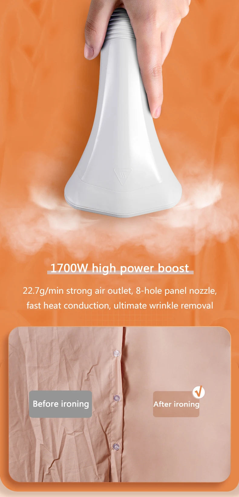 Tidesmit 2L electric garment steamer with adjustable rod for 10 fabric types, high-capacity household ironing machine