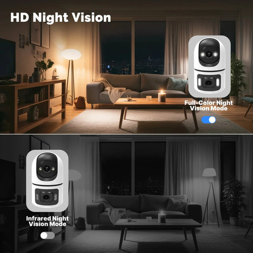 Two white dual-lens WiFi security cameras with night-vision indicator lights