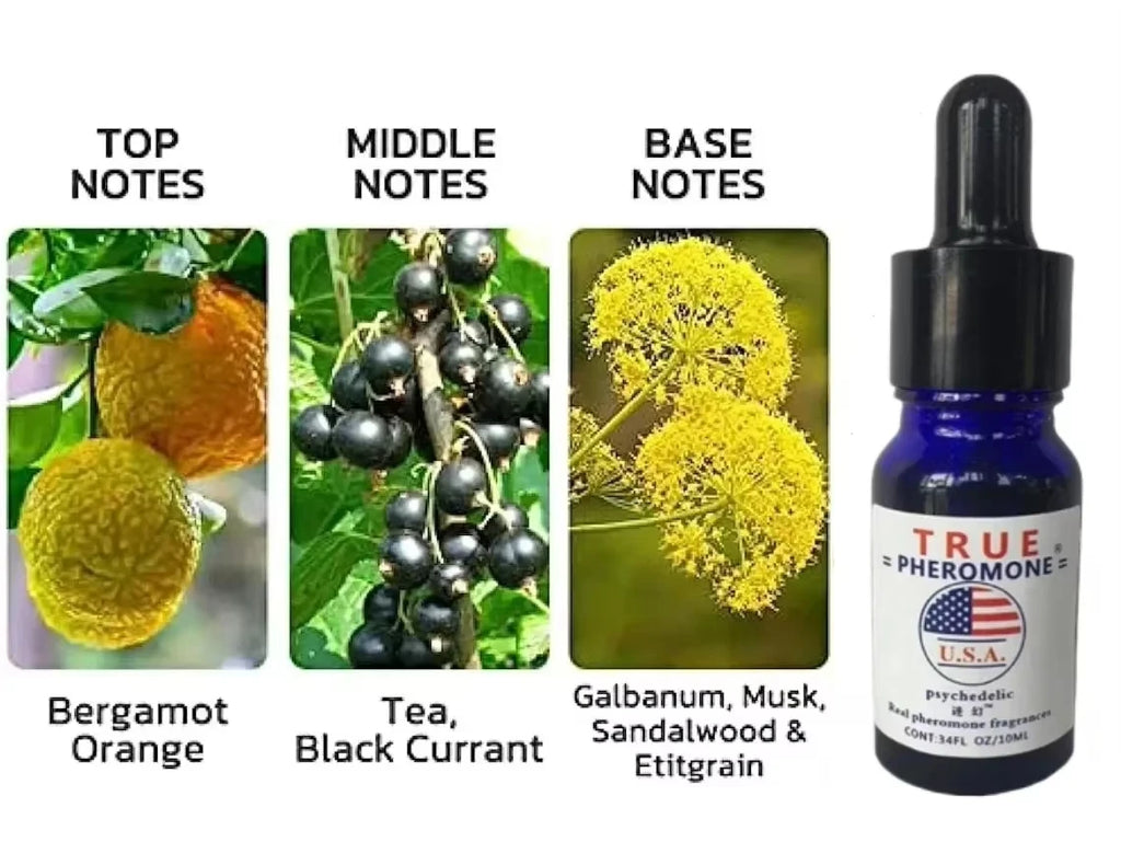 True Pheromone men's fragrance oil: blue dropper bottle with bergamot, black currant, tea, musk, and sandalwood notes.