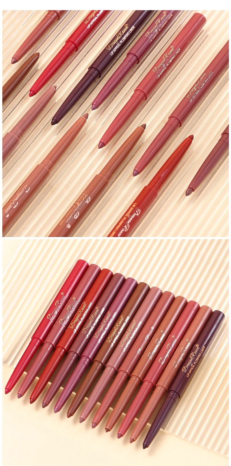 Set of waterproof matte lip liner pens in various nude, pink, and red velvet shades on a textured background.