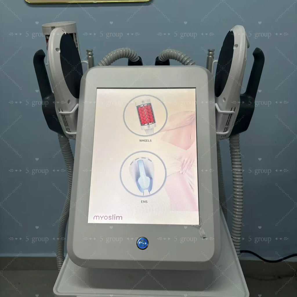 Myoslim body contouring device with a touchscreen interface, two attached applicators, and massage rollers for spa use.