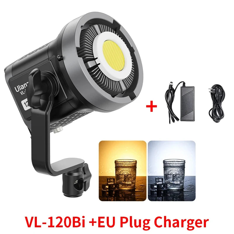 VL-120Bi LED video light with a metal frame, COB chip, EU power adapter, and adjustable warm-to-cool color settings.