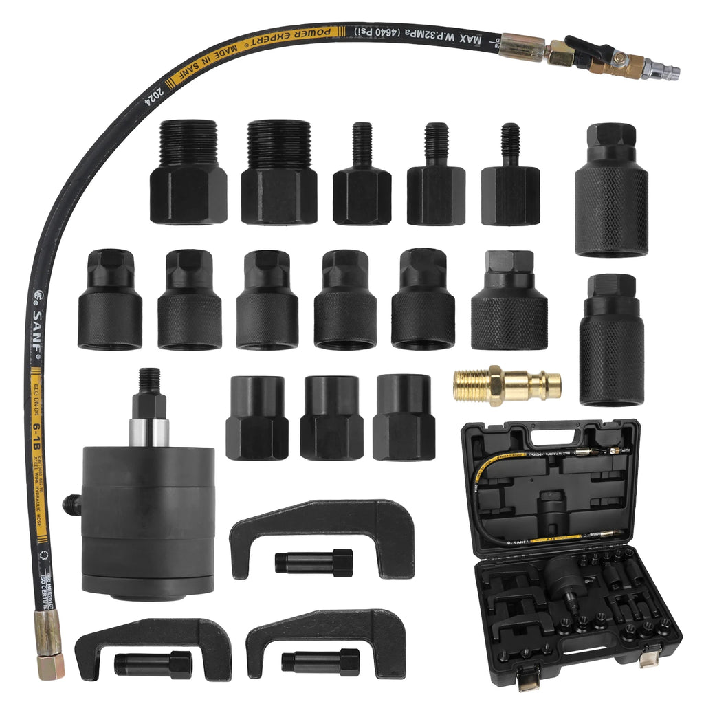 Podofo 24pcs Pneumatic Diesel Injector Puller Tool Professional Air Vibration Injector Removal Extractor Tool for Removing Stuck Fuel Injectors in Diesel Engines with 19Pcs Adapters&Box