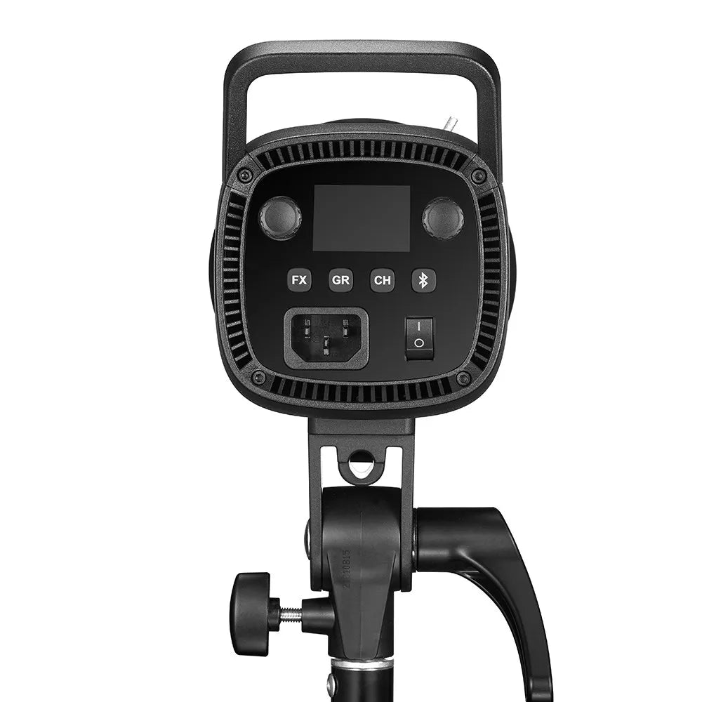 Black studio photography strobe light with control panel, LCD screen, power input, and adjustable mounting bracket.