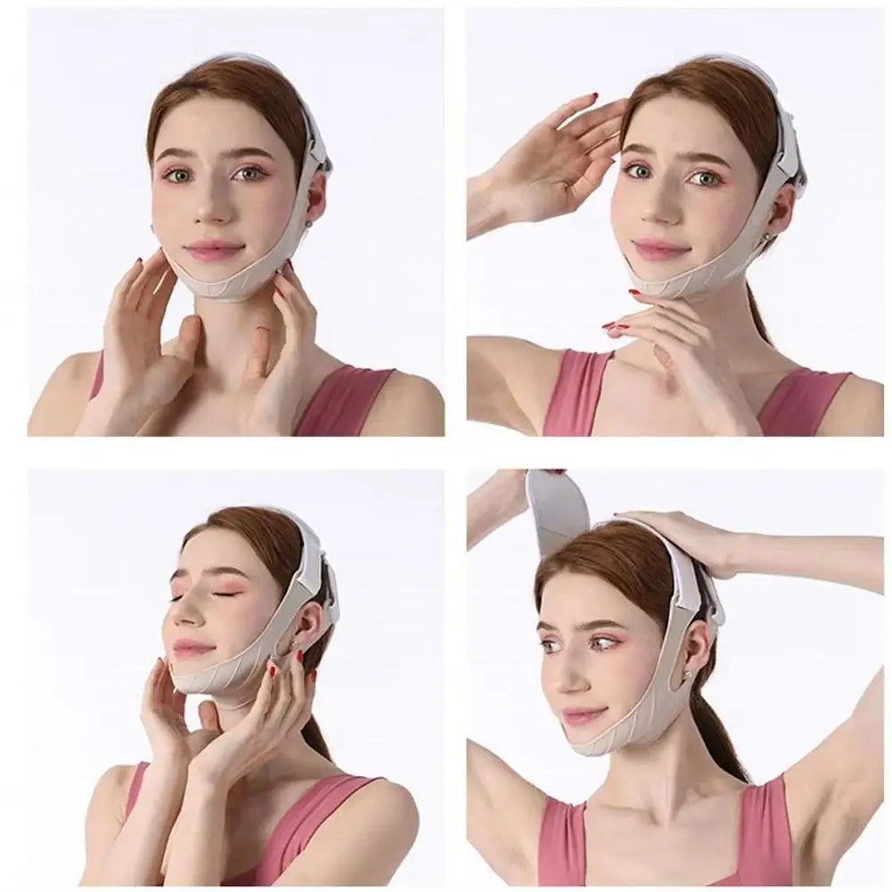 A woman wearing a beige, adjustable V-line face slimming bandage strap over her chin and top of her head.