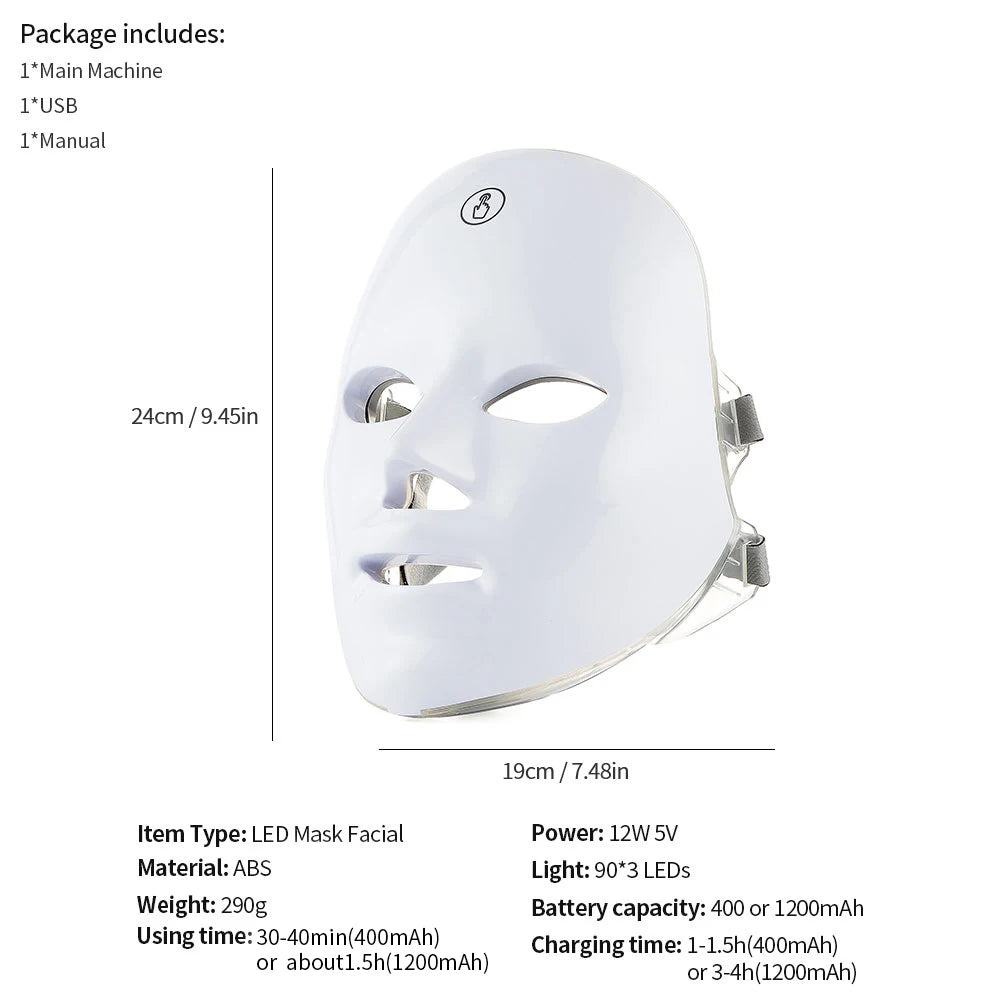 White wireless LED facial beauty mask with 90 LEDs, ergonomic ABS design, shown with size dimensions.