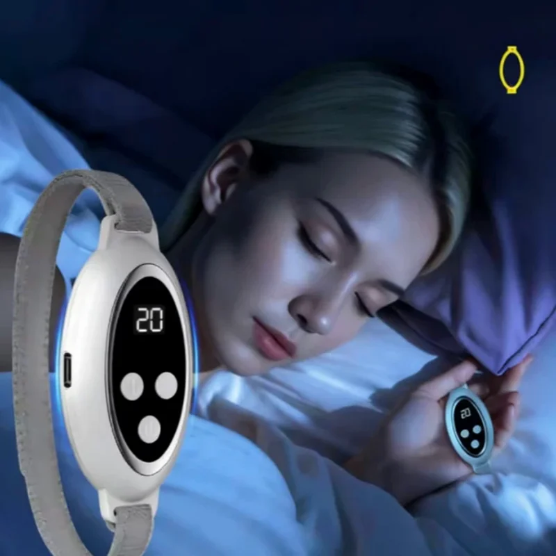 White microcurrent sleep aid device with digital display held by a sleeping woman to relieve insomnia and anxiety.
