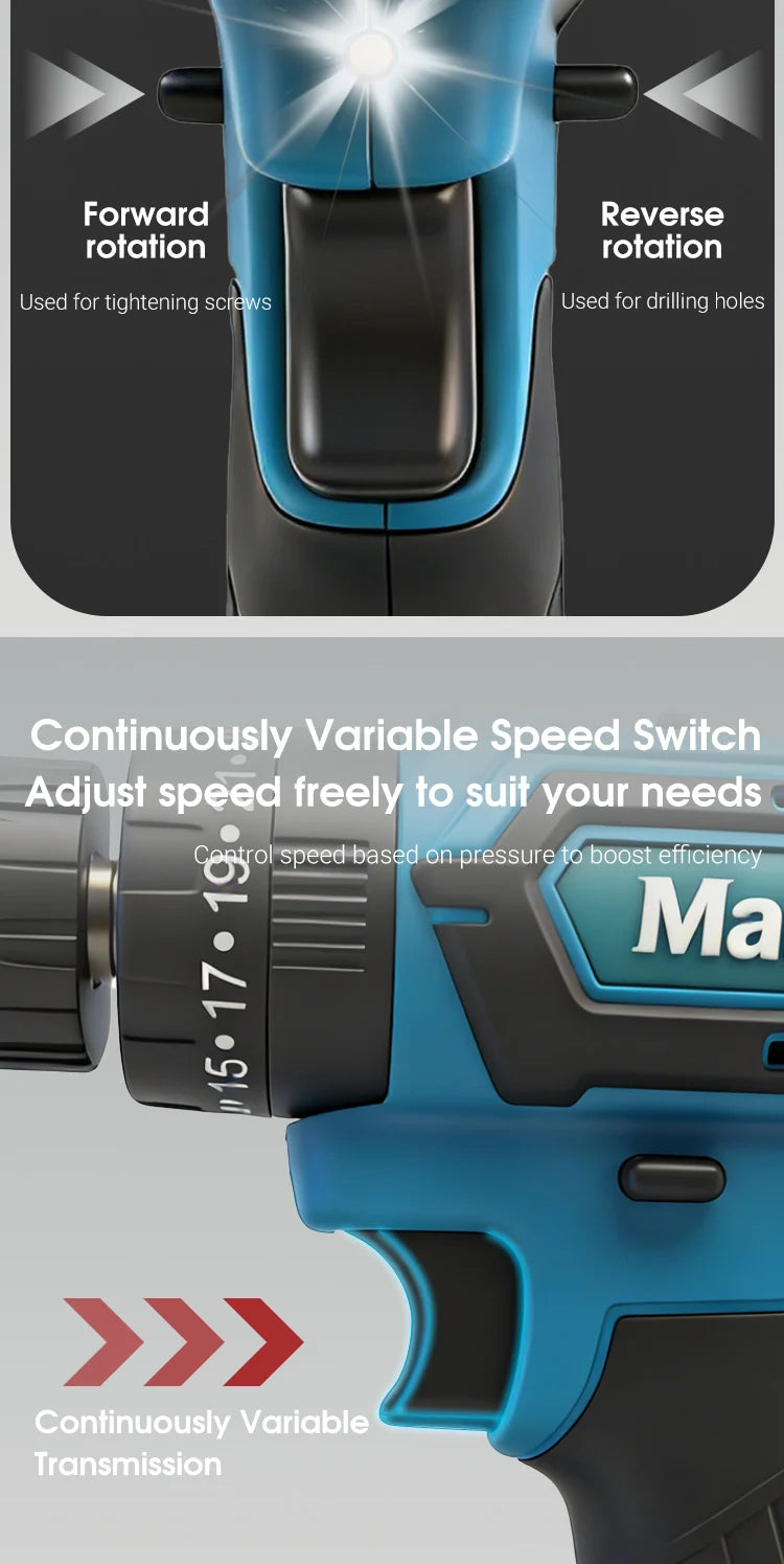 Mamidw 3/8'' 10mm Chuck Cordless Power Drill 25N.M 1150RPM Electric Screwdriver Drill for Daily Home Improvement Woodworking Tasks, For Makita 18V Battery PIN