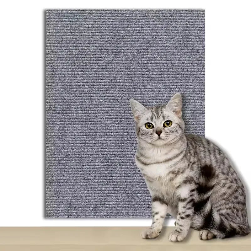 Gray self-adhesive cat scratching mat with cat sitting