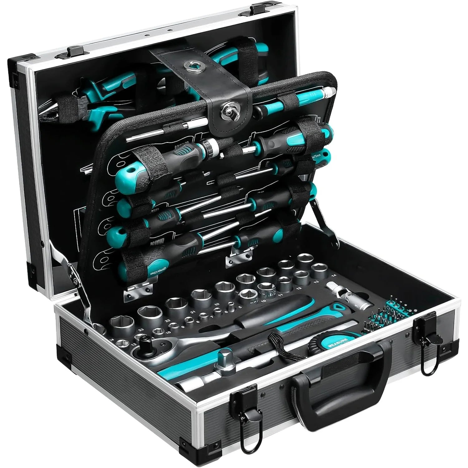 Aluminum Tool Case Filled with 122-piece Tool Set | Workshop Case Equipped w/ Wrenches, Hammer, Pliers, Screwdrivers, Toolbox