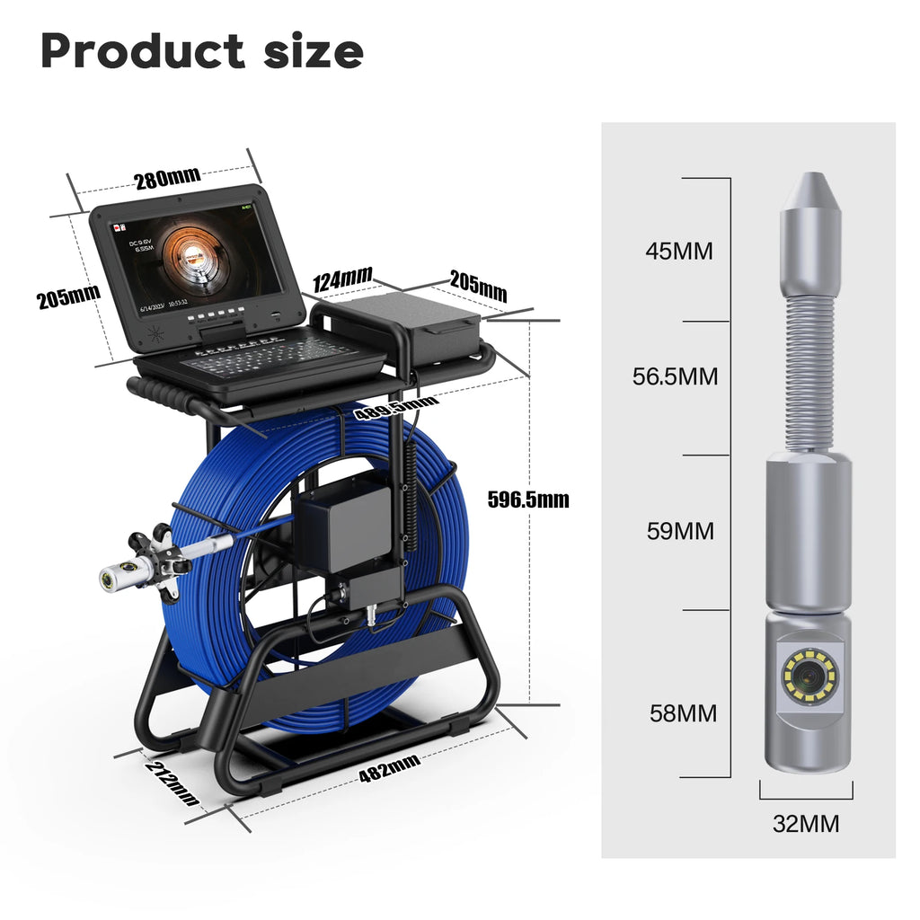 Sewer Camera Inspection 360 Degrees 10″inch IPS+Cable Diameter ø7mm+512HZ Transmitter Locator+Meter Counter+Keyboard