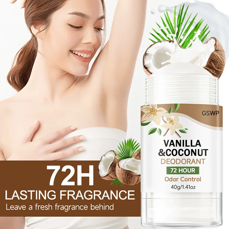 Tidesmit GSWP vanilla and coconut aluminum-free deodorant stick for 72-hour light, non-greasy fragrance protection.