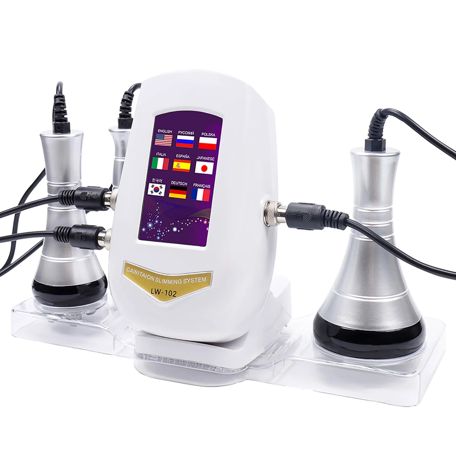 White BEEMY body slimming device with a touchscreen, multiple probe attachments, and a clear plastic base.