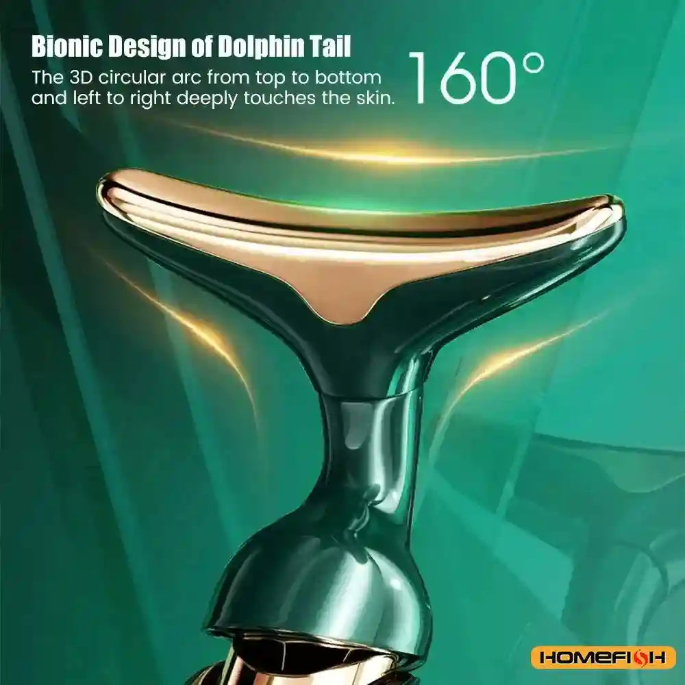 Dolphin-tail shaped facial sculpting device in metallic dark green and gold, featuring a curved 160-degree arc design.