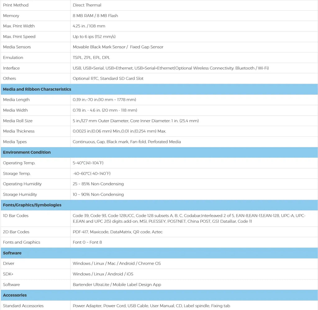 Thermal label printer specifications table with print width, speed, and sensor details