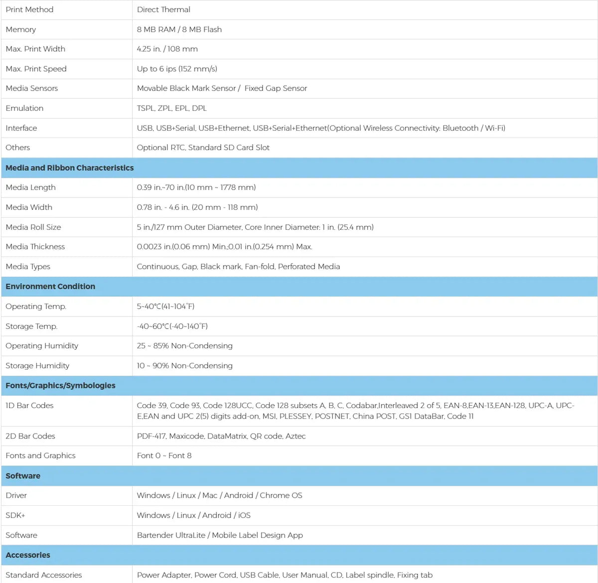 Thermal label printer specifications table with print width, speed, and sensor details