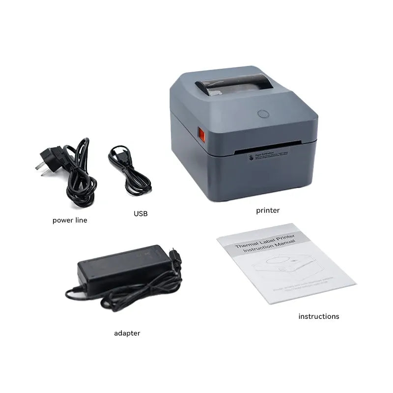 Gray thermal label printer with power line, USB cable, adapter, and instruction sheet