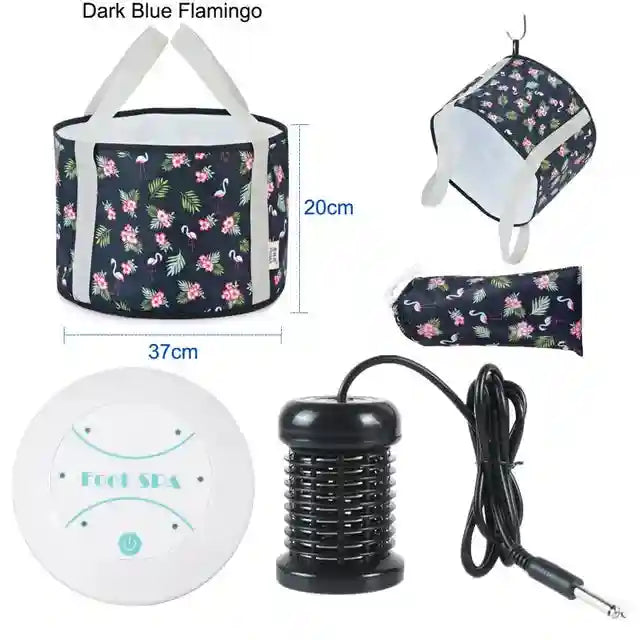 Collapsible ionic foot spa bath with dark blue flamingo print, portable basin, and electric detox array for home use.