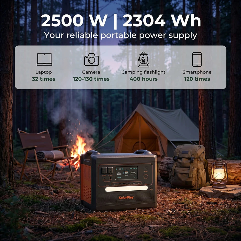 SolarPlay 2304Wh LiFePo4 Battery Solar Generator 2500W Solar Portable Power Station 0.08s Seamless UPS Function Support AC up to 2400W output, Support solar panels for charger,used for refrigeration fans, refrigerators, air c