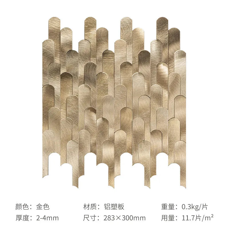 3D metal mosaic tile wall sticker sheet in gold with arched tile pattern