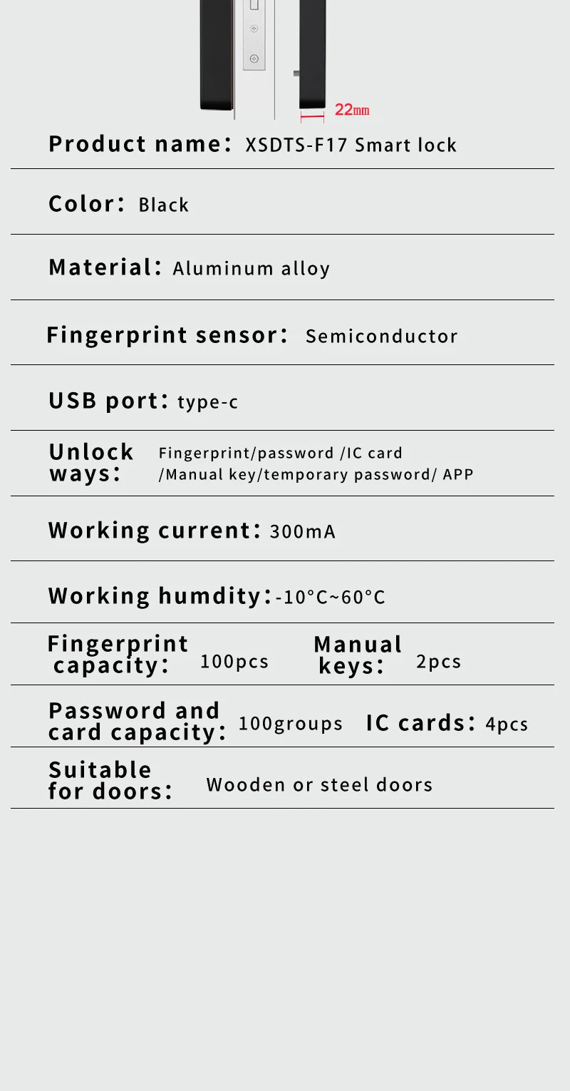 Smart Door Lock With Electronic Biometric Fingerprint Smart Card Password Key Unlock USB Tuya APP Emergency Charge lock