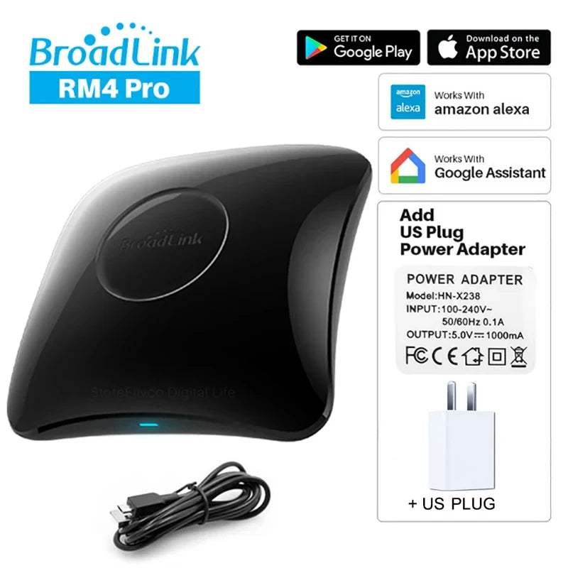 BroadLink universal smart remote hub kit with US plug power adapter and USB cable