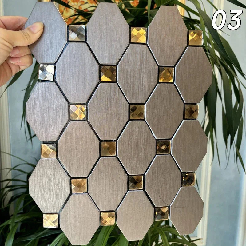 Hexagon peel-and-stick wall tile mosaic, light gray tiles with silver and gold mirrored insets