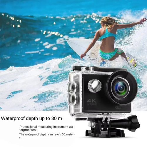 Waterproof 4K action camera in clear case with black handle mount