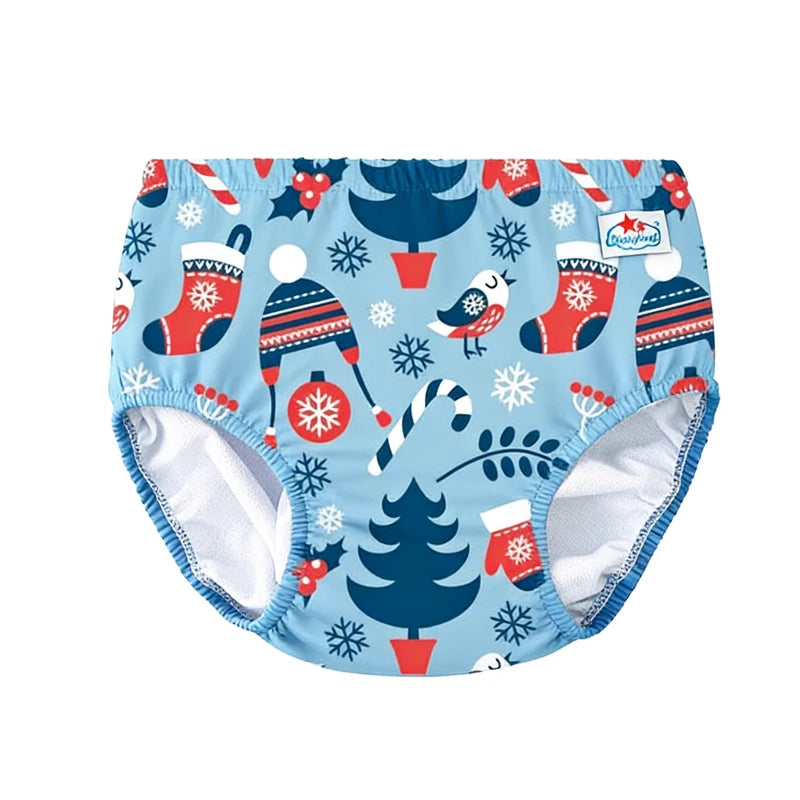 Reusable baby swim diaper featuring festive holiday pattern with Christmas trees, stockings, and snowflakes on light blue.