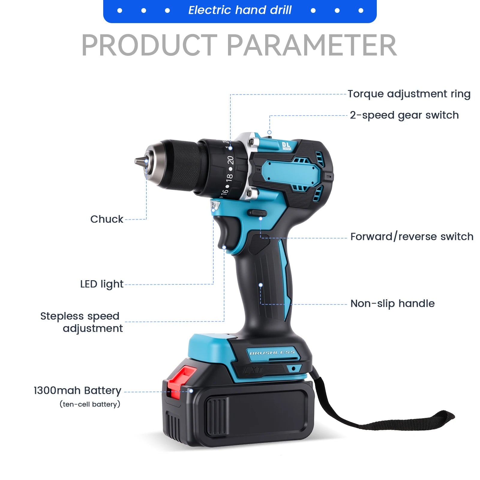 Podofo 21V Cordless Brushless Impact Drill Electric Screwdriver Power Tool with Battery Charger 2 Speed Gearbox 23 Torque Settings LED Light Rechargeable Drill Driver for Wood Metal Plastic DIY Repair