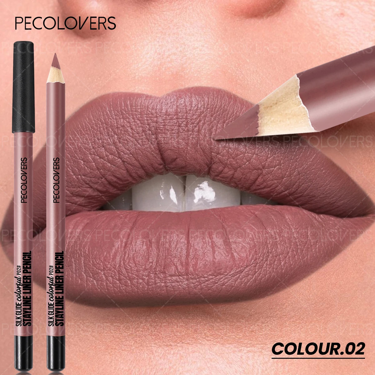 Long-lasting waterproof matte lip liner pencil in mauve-brown, shown applied on lips for a smooth, defined finish.