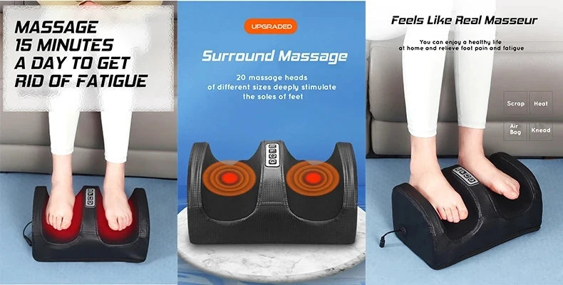 Black electric foot and calf massager featuring deep tissue kneading, heat therapy, and air bag compression for fatigue.
