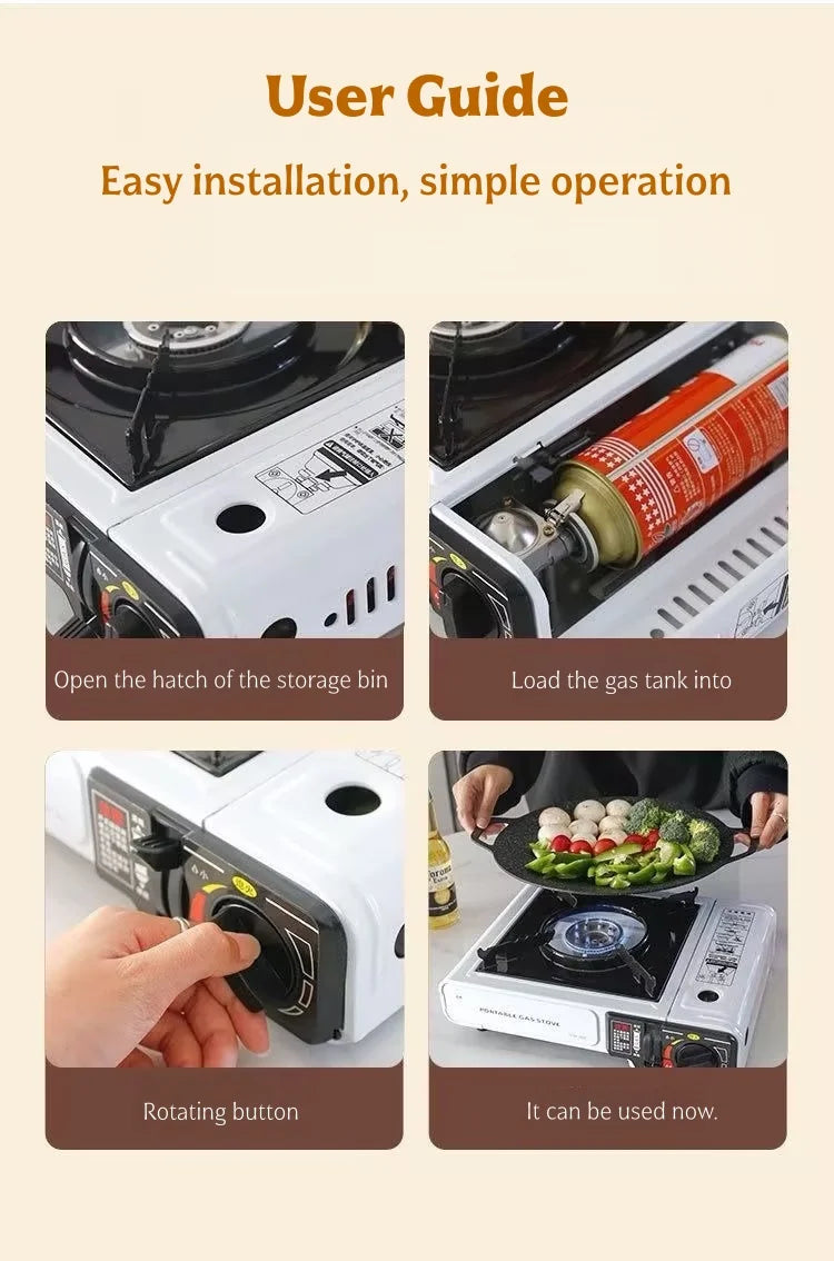 White portable cassette gas stove showing burner, controls, and gas bottle connection