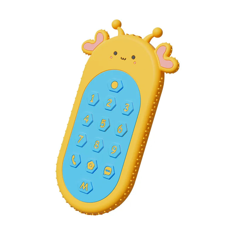 Yellow and blue silicone baby teething toy shaped like a phone for soothing teething relief.