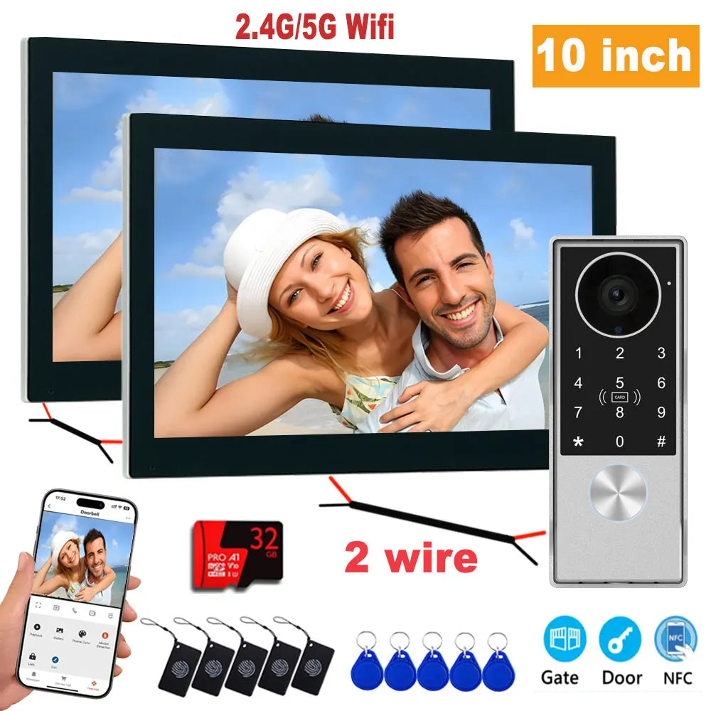 2Wire Tuya Smart Video Intercom Doorbell 5G WiFi 7/10inch Touch Screen 1080P Metal Outdoor Camera Doorphone Password 5in1 Unlock